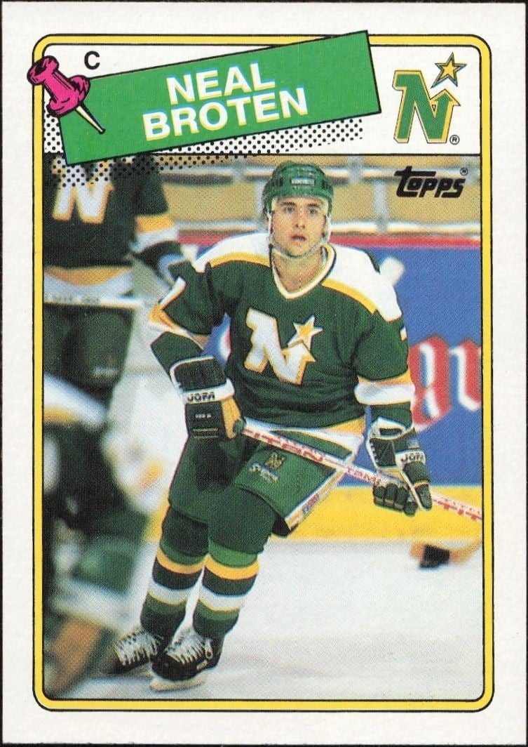Neal Broten 1988-89 Topps #144 Hockey Trading Card - Front 1988-89 Topps Neal Broten #144 hockey trading card front