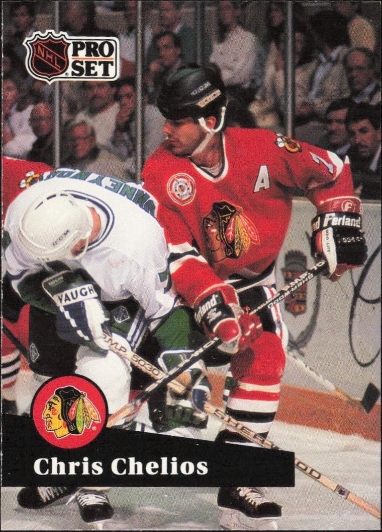 Chris Chelios 1991-92 Pro Set #48 Hockey Trading Card - Front 1991-92 Pro Set Chris Chelios #48 hockey trading card front