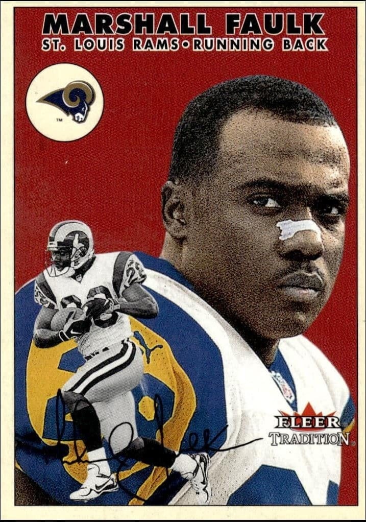 Marshall Faulk 2000 Fleer Tradition Glossy #146 Football Trading Card - Front 2000 Fleer Tradition Glossy Marshall Faulk #146 football trading card front
