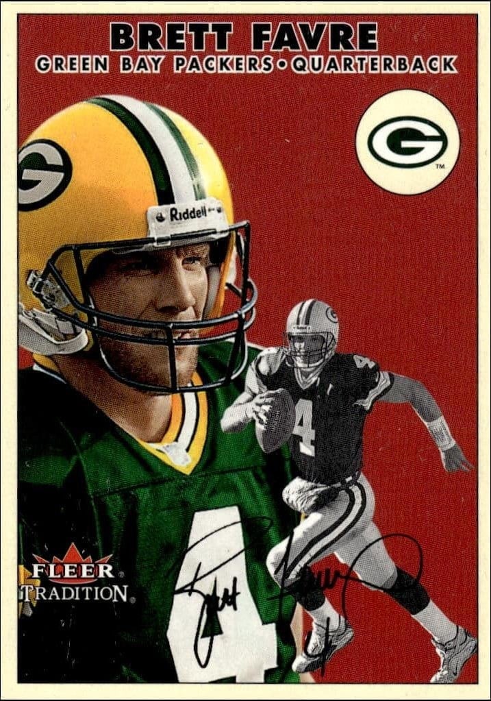 Brett Favre 2000 Fleer Tradition Glossy #158 Football Trading Card - Front 2000 Fleer Tradition Glossy Brett Favre #158 football trading card front