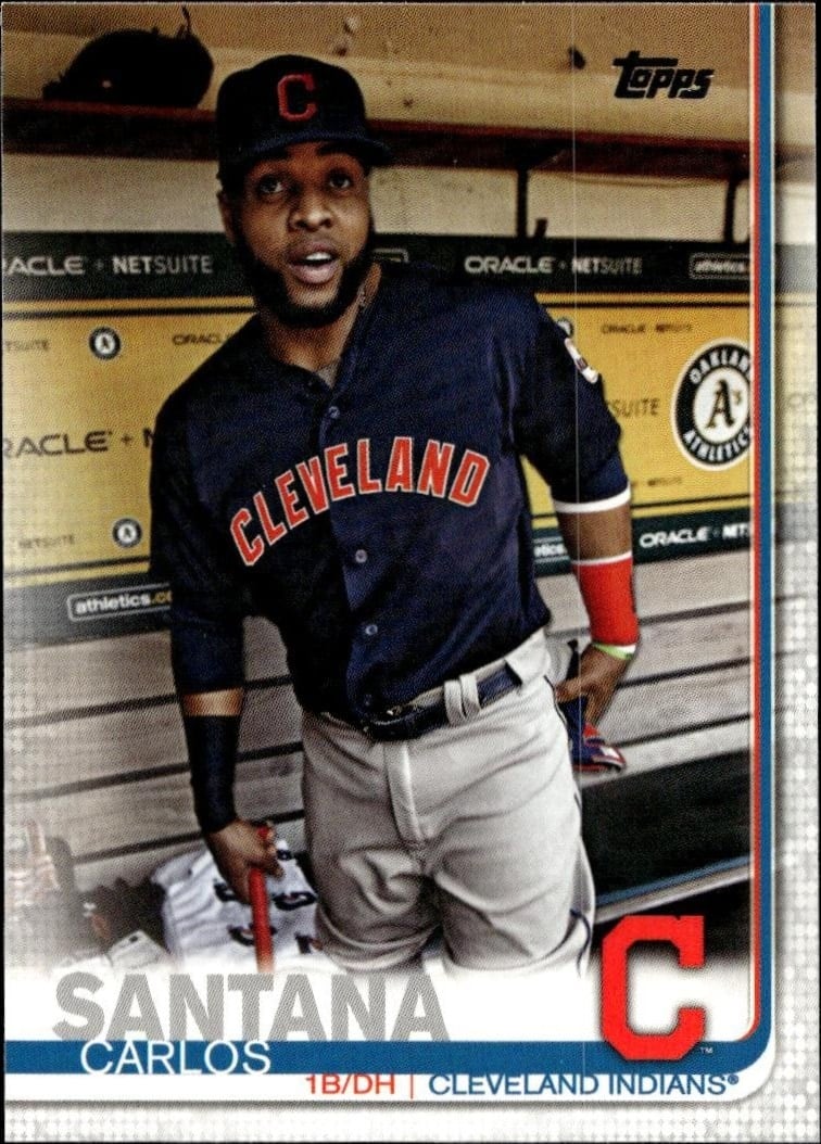 Carlos Santana 2019 Topps Series 2 #585 Baseball Trading Card - Front 2019 Topps Series 2 Carlos Santana #585 baseball trading card front