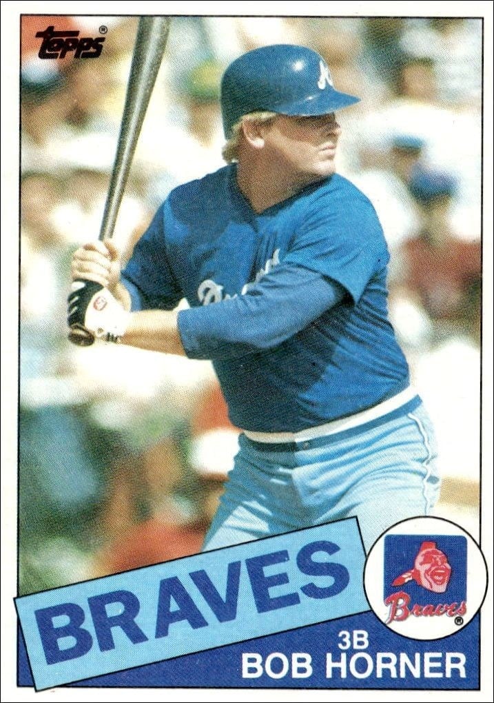 Bob Horner 1985 Topps #410 Baseball Trading Card - Front 1985 Topps Bob Horner #410 baseball trading card front