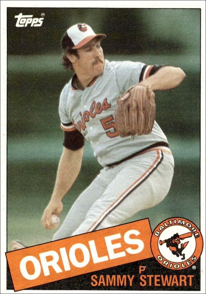Sammy Stewart 1985 Topps #469 Baseball Trading Card - Front 1985 Topps Sammy Stewart #469 baseball trading card front