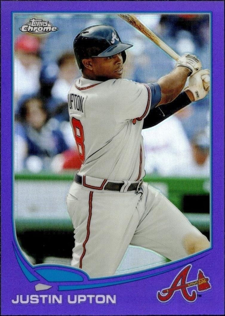 Justin Upton 2013 Topps Chrome #143 Baseball Trading Card - Front 2013 Topps Chrome Justin Upton #143 baseball trading card front