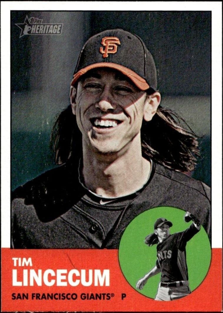 Tim Lincecum 2012 Topps Heritage #106 Baseball Trading Card - Front 2012 Topps Heritage Tim Lincecum #106 baseball trading card front