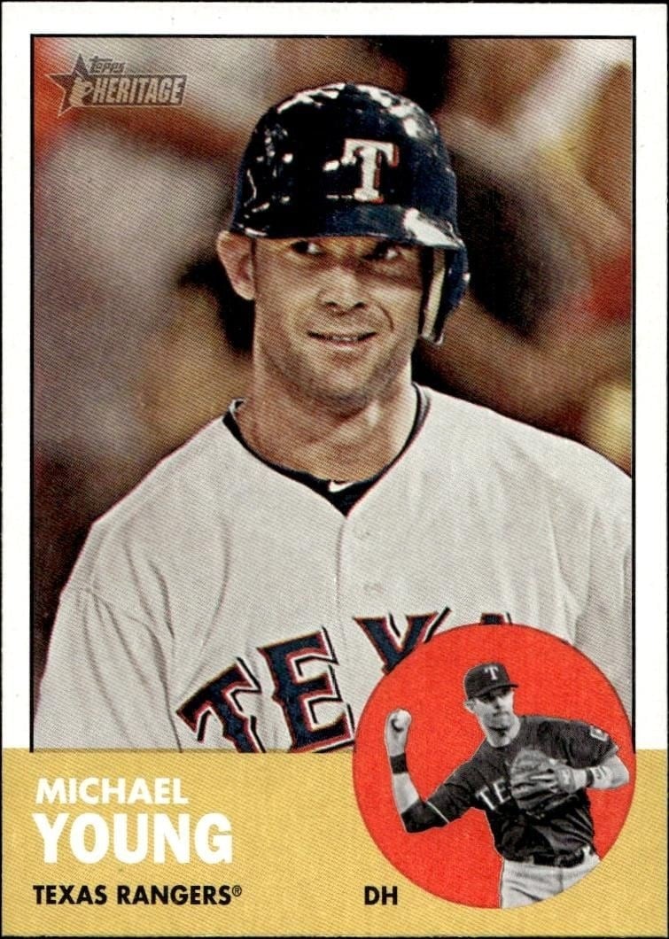 Michael Young 2012 Topps Heritage #373 Baseball Trading Card - Front 2012 Topps Heritage Michael Young #373 baseball trading card front