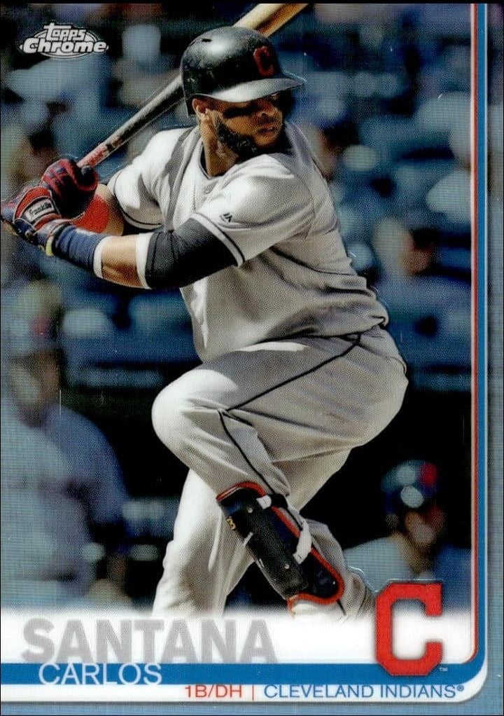 Carlos Santana 2019 Topps Chrome #44 Baseball Trading Card - Front 2019 Topps Chrome Carlos Santana #44 baseball trading card front