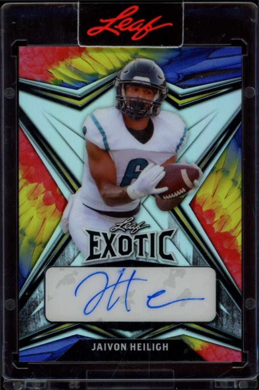 Jaivon Heiligh 2022 Leaf Exotic #BA-JH1 Football Trading Card - Front 2022 Leaf Exotic Jaivon Heiligh #BA-JH1 football trading card front