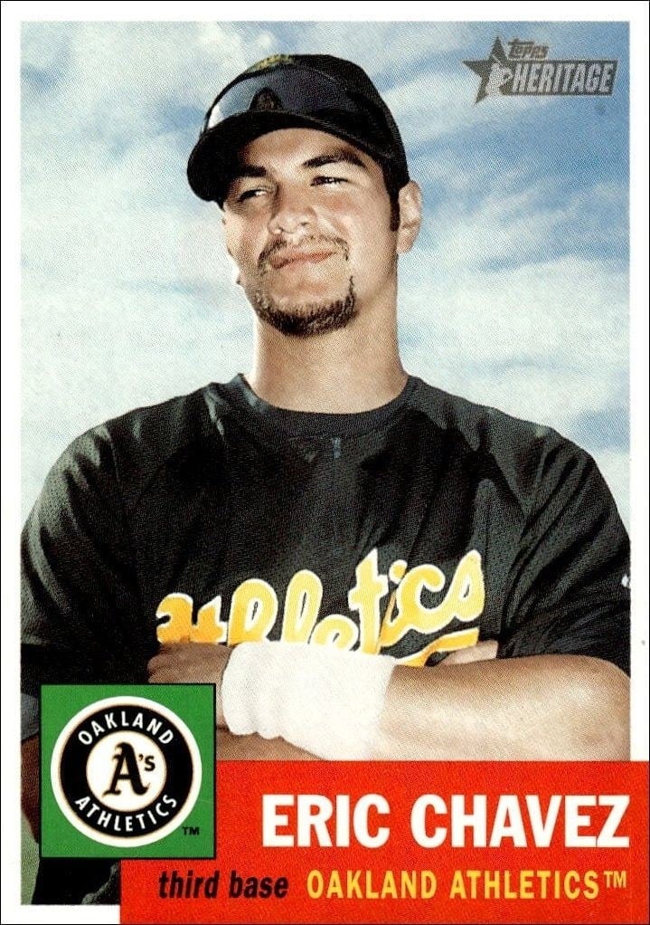 Eric Chavez 2002 Topps Heritage #296 Baseball Trading Card - Front 2002 Topps Heritage Eric Chavez #296 baseball trading card front