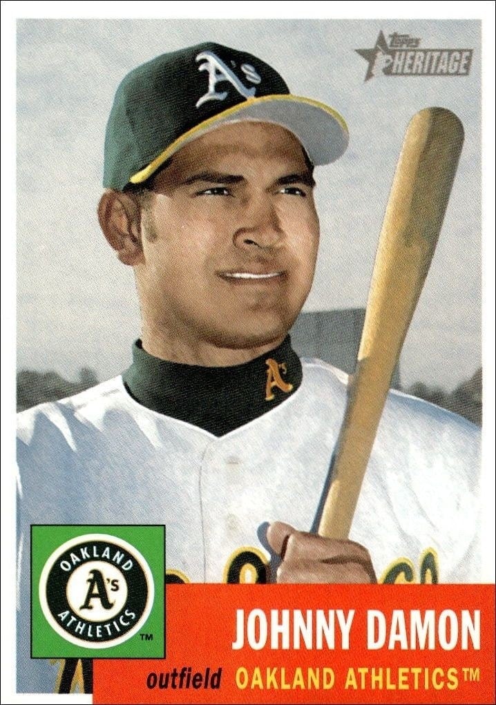 Johnny Damon 2002 Topps Heritage #92 Baseball Trading Card - Front 2002 Topps Heritage Johnny Damon #92 baseball trading card front