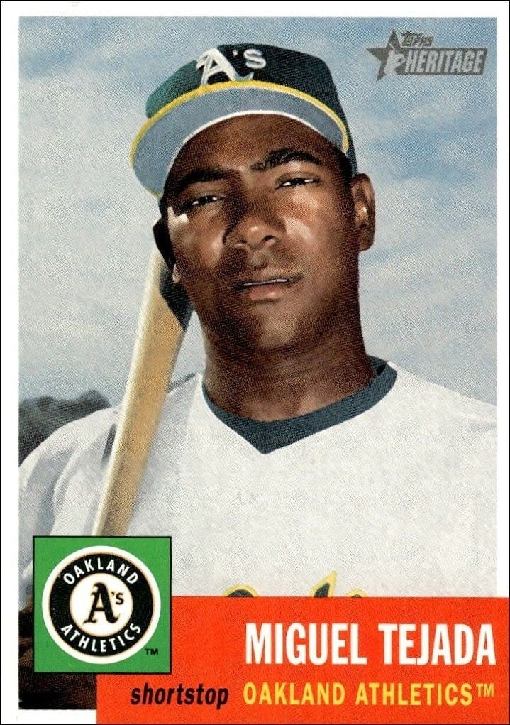 Miguel Tejada 2002 Topps Heritage #68 Baseball Trading Card - Front 2002 Topps Heritage Miguel Tejada #68 baseball trading card front