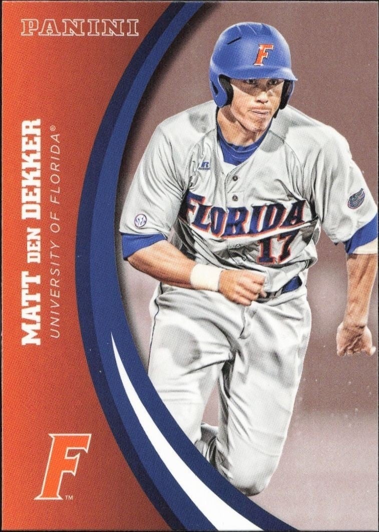 Matt den Dekker 2015 Panini Florida Gators #73 Baseball Trading Card - Front 2015 Panini Florida Gators Matt den Dekker #73 baseball trading card front