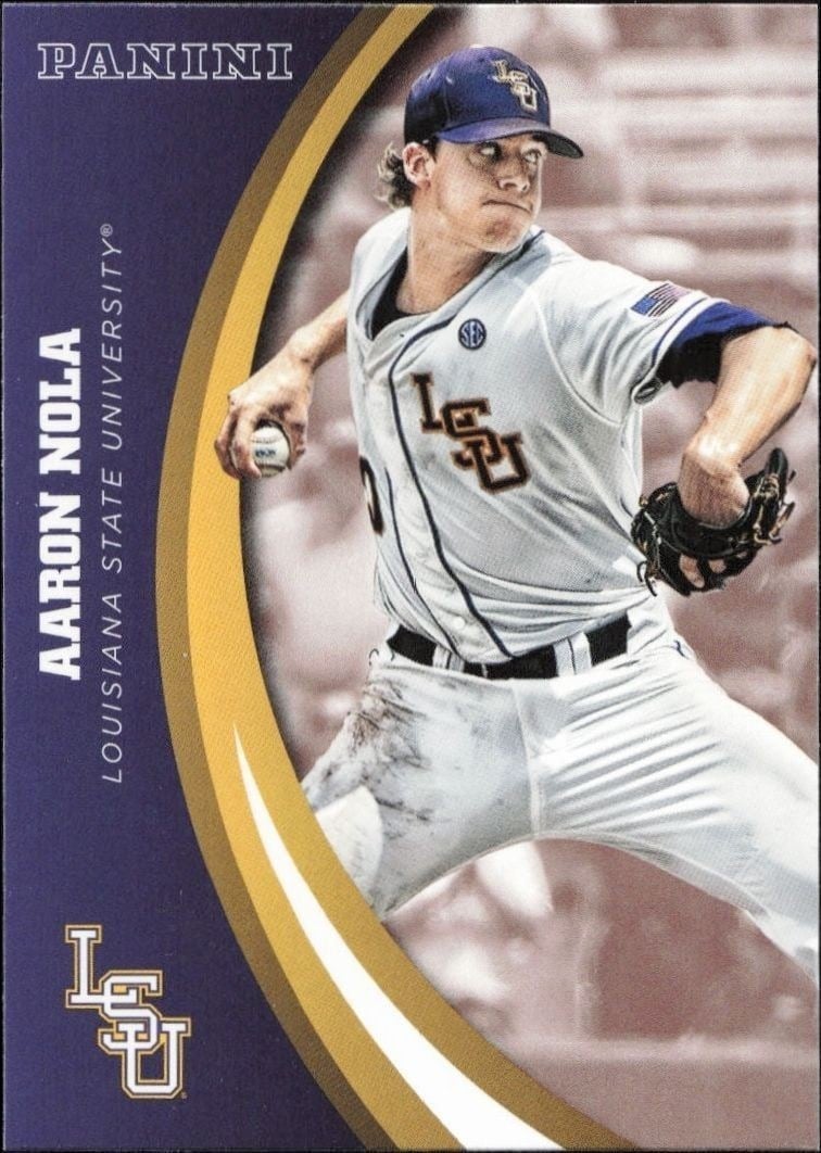Aaron Nola 2015 Panini Lsu Tigers #69 Baseball Trading Card - Front 2015 Panini Lsu Tigers Aaron Nola #69 baseball trading card front