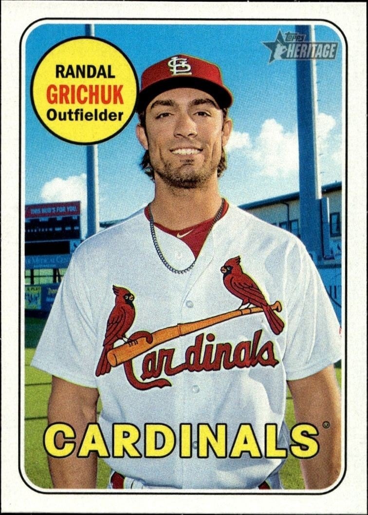 Randal Grichuk 2018 Topps Heritage #129 Baseball Trading Card - Front 2018 Topps Heritage Randal Grichuk #129 baseball trading card front