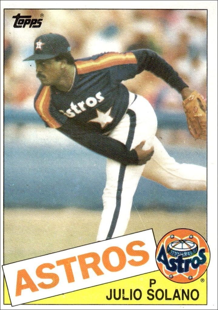 Julio Solano 1985 Topps #353 Baseball Trading Card - Front 1985 Topps Julio Solano #353 baseball trading card front
