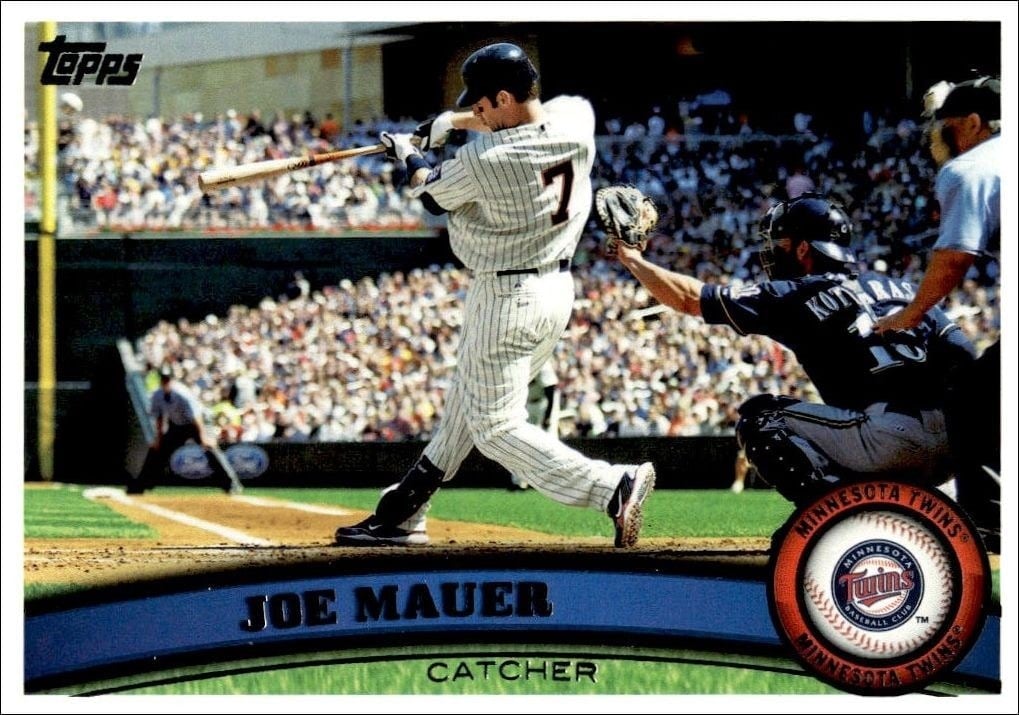 Joe Mauer 2011 Topps Series 2 #550 Baseball Trading Card - Front 2011 Topps Series 2 Joe Mauer #550 baseball trading card front