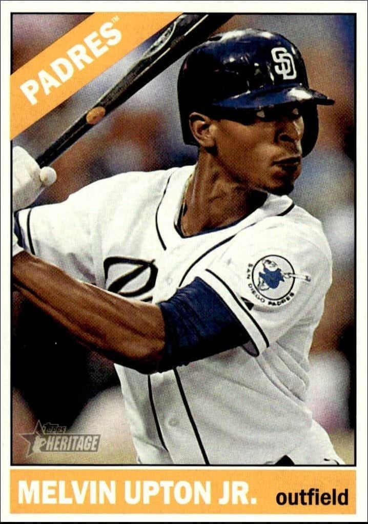 B.J. Upton 2015 Topps Heritage High Number #619 Baseball Trading Card - Front 2015 Topps Heritage High Number B.J. Upton #619 baseball trading card front