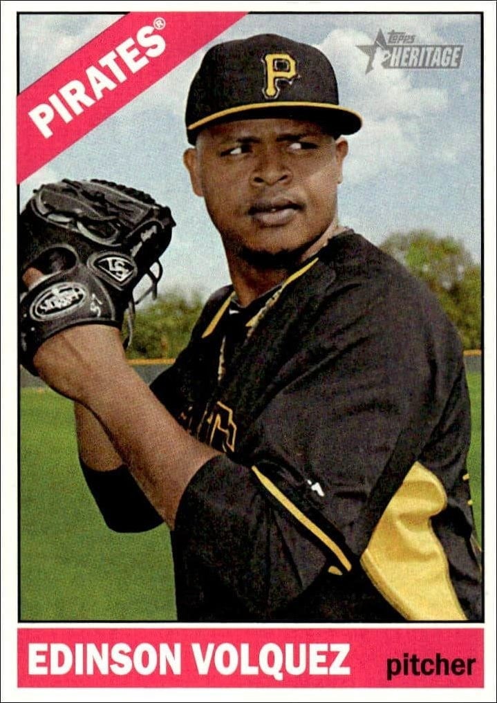 Edinson Volquez 2015 Topps Heritage #195 Baseball Trading Card - Front 2015 Topps Heritage Edinson Volquez #195 baseball trading card front