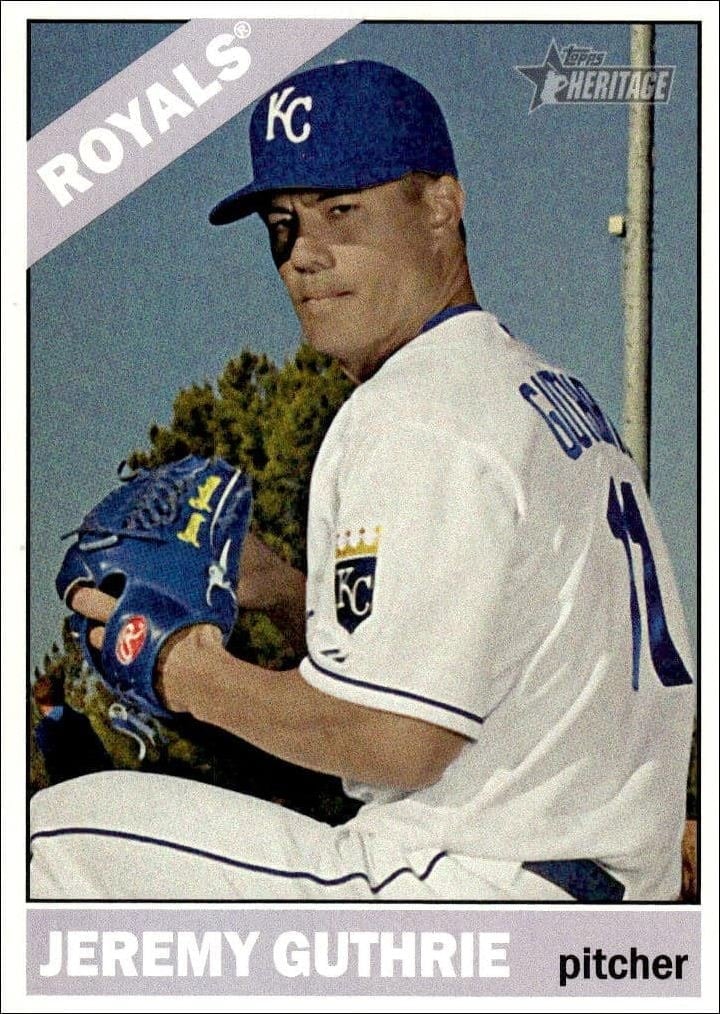 Jeremy Guthrie 2015 Topps Heritage #48 Baseball Trading Card - Front 2015 Topps Heritage Jeremy Guthrie #48 baseball trading card front