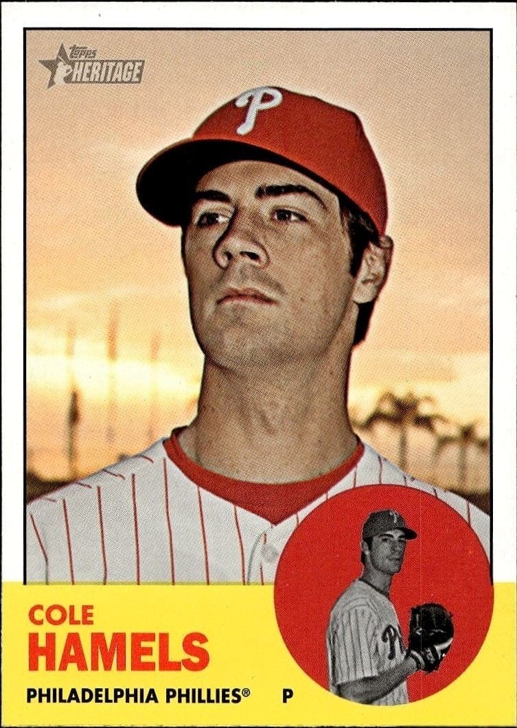Cole Hamels 2012 Topps Heritage #132 Baseball Trading Card - Front 2012 Topps Heritage Cole Hamels #132 baseball trading card front