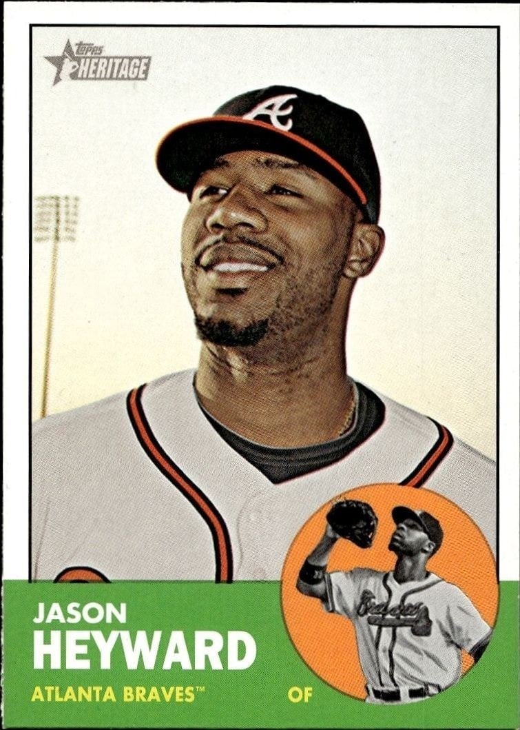 Jason Heyward 2012 Topps Heritage #390 Baseball Trading Card - Front 2012 Topps Heritage Jason Heyward #390 baseball trading card front
