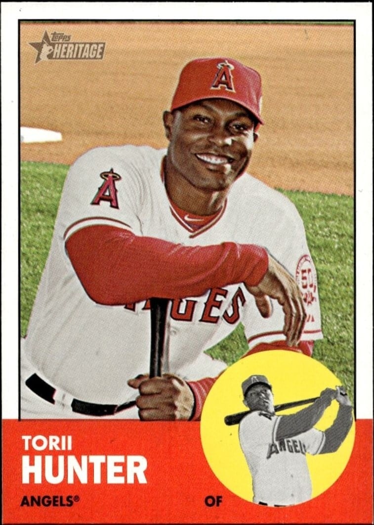 Torii Hunter 2012 Topps Heritage #98 Baseball Trading Card - Front 2012 Topps Heritage Torii Hunter #98 baseball trading card front