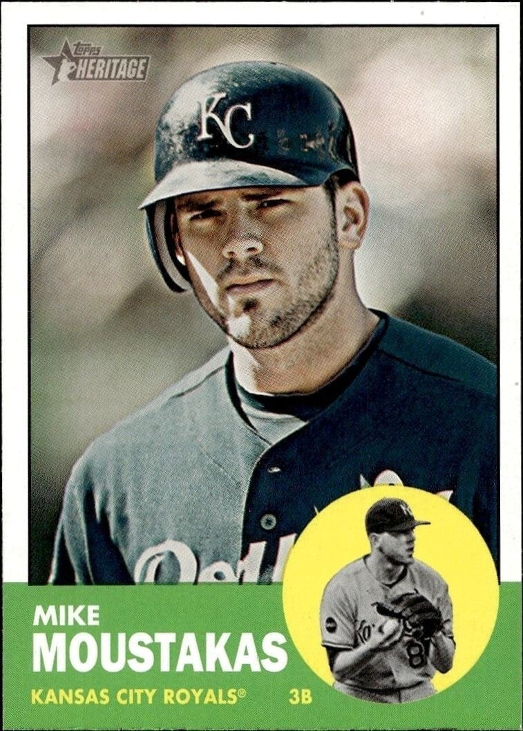 Mike Moustakas 2012 Topps Heritage #17 Baseball Trading Card - Front 2012 Topps Heritage Mike Moustakas #17 baseball trading card front