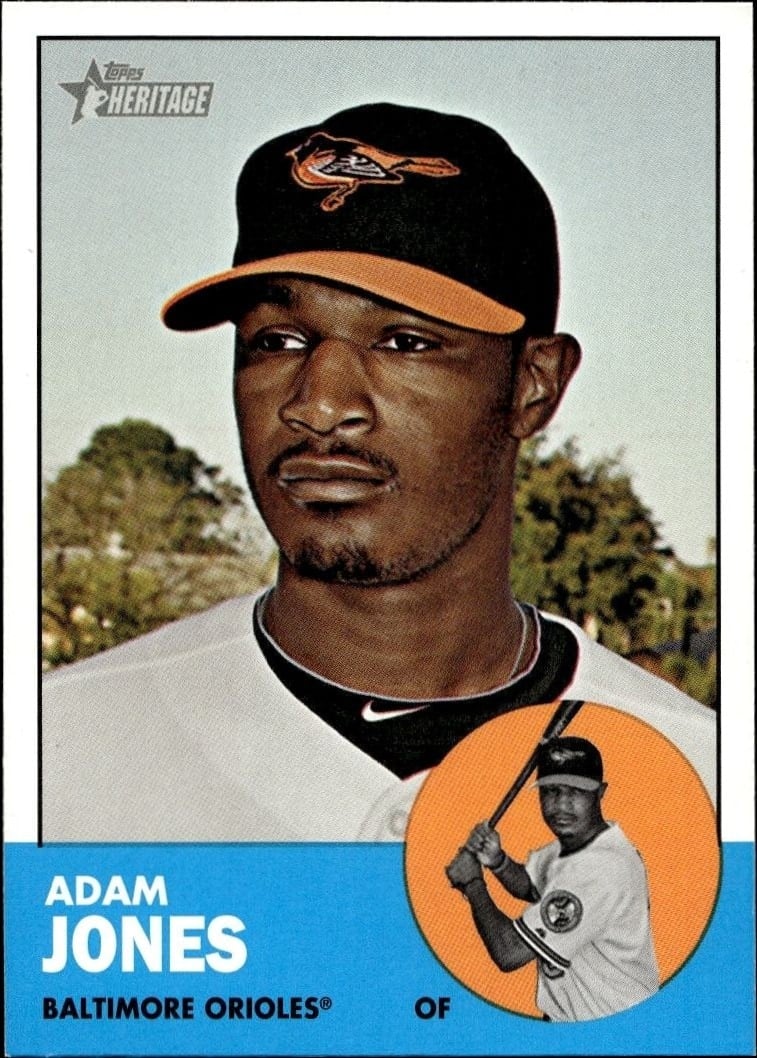 Adam Jones 2012 Topps Heritage #319 Baseball Trading Card - Front 2012 Topps Heritage Adam Jones #319 baseball trading card front
