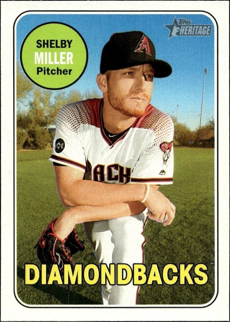 Shelby Miller 2018 Topps Heritage #389 Baseball Trading Card - Front 2018 Topps Heritage Shelby Miller #389 baseball trading card front