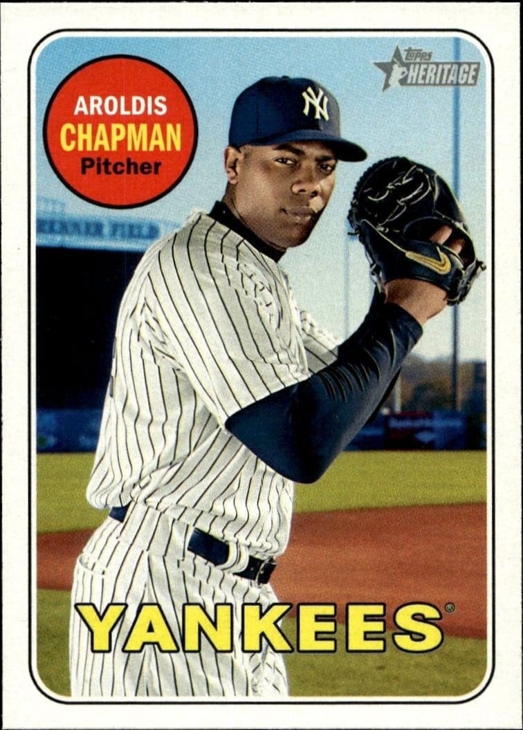 Aroldis Chapman 2018 Topps Heritage #140 Baseball Trading Card - Front 2018 Topps Heritage Aroldis Chapman #140 baseball trading card front
