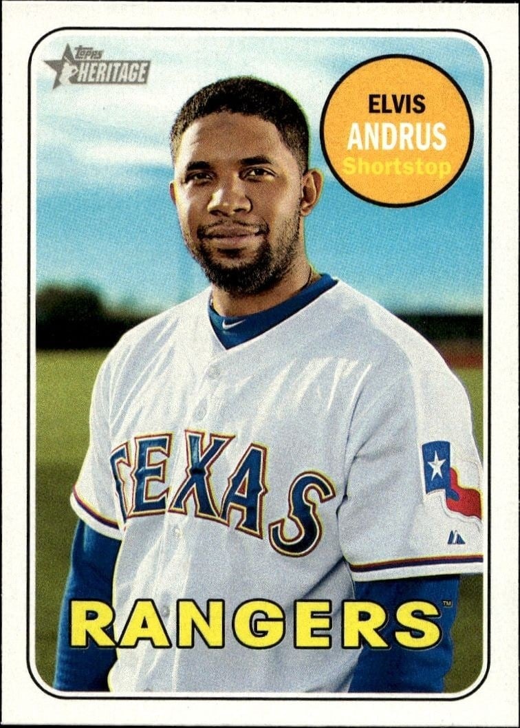 Elvis Andrus 2018 Topps Heritage #153 Baseball Trading Card - Front 2018 Topps Heritage Elvis Andrus #153 baseball trading card front