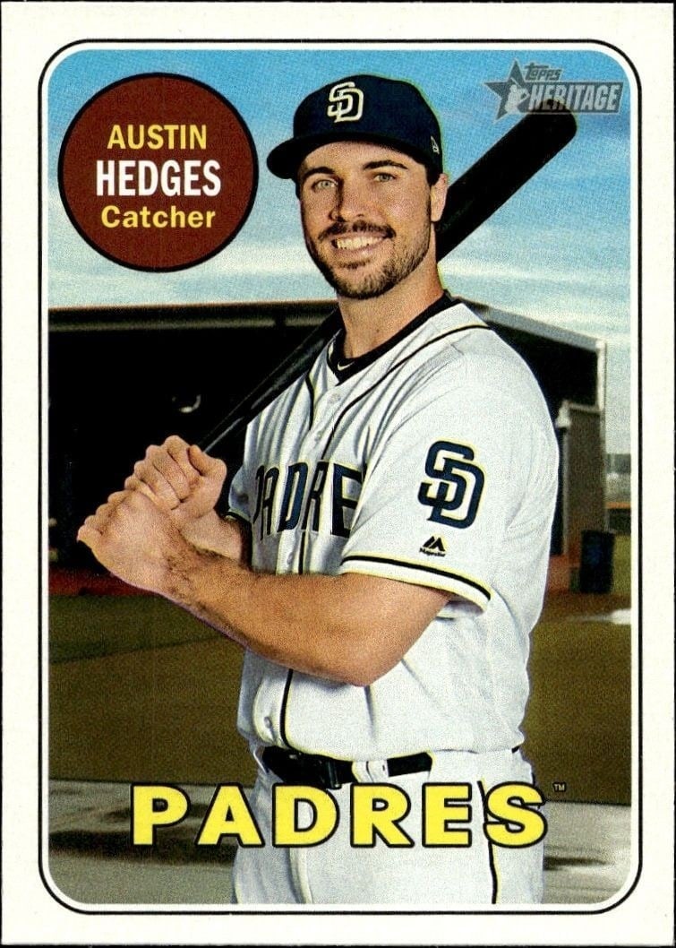 Austin Hedges 2018 Topps Heritage #374 Baseball Trading Card - Front 2018 Topps Heritage Austin Hedges #374 baseball trading card front