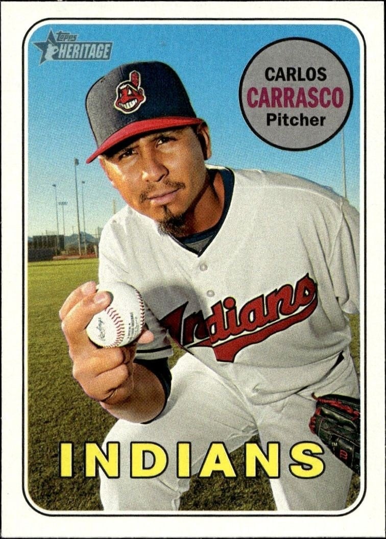 Carlos Carrasco 2018 Topps Heritage #220 Baseball Trading Card - Front 2018 Topps Heritage Carlos Carrasco #220 baseball trading card front
