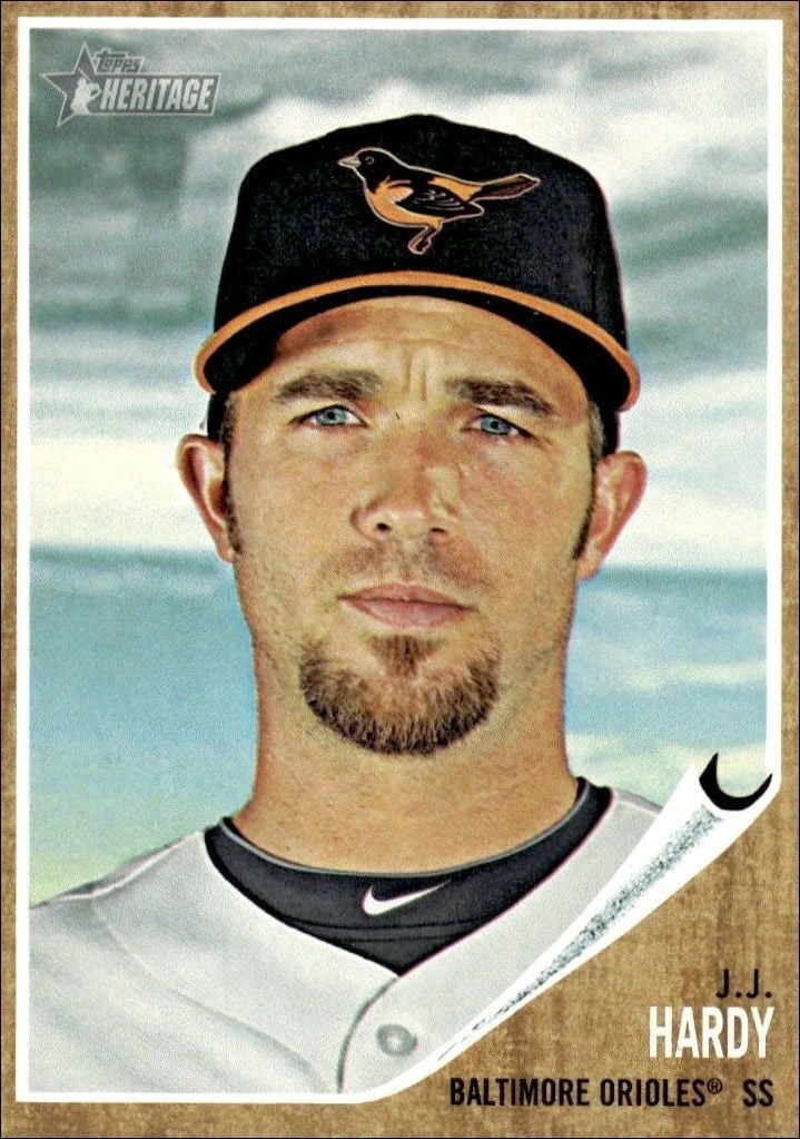 J.J. Hardy 2011 Topps Heritage #339 Baseball Trading Card - Front 2011 Topps Heritage J.J. Hardy #339 baseball trading card front