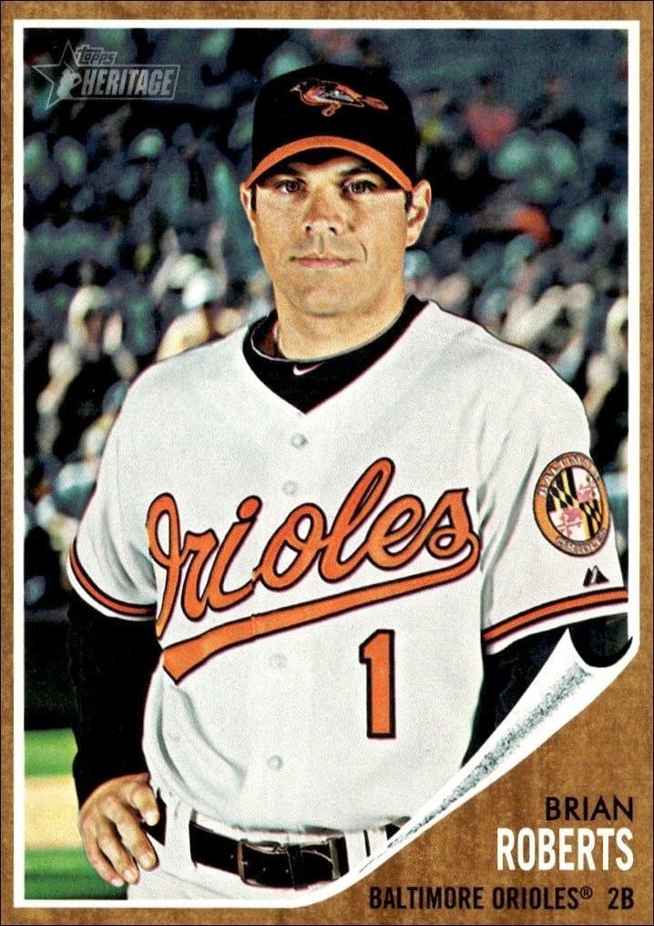 Brian Roberts 2011 Topps Heritage #6 Baseball Trading Card - Front 2011 Topps Heritage Brian Roberts #6 baseball trading card front