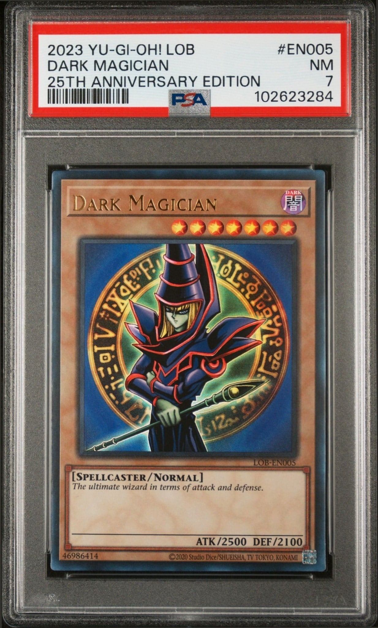 Dark Magician 2023 Yu-Gi-Oh! Legend of Blue Eyes White Dragon: 25th Anniversary #LOB-EN005 Yu-Gi-Oh! Card - Front 2023 Yu-Gi-Oh! Legend of Blue Eyes White Dragon: 25th Anniversary Dark Magician #LOB-EN005 Yu-Gi-Oh! card front