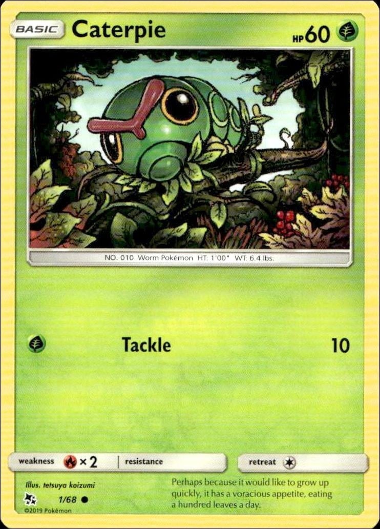 Caterpie 2019 Pokémon Hidden Fates #1 Pokémon Card - Front 2019 Pokémon Hidden Fates Caterpie #1 Pokémon card front