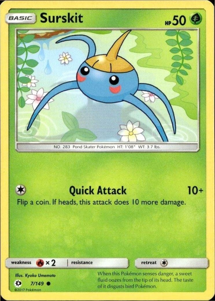 Surskit 2017 Pokémon Sun & Moon #7 Pokémon Card - Front 2017 Pokémon Sun & Moon Surskit #7 Pokémon card front