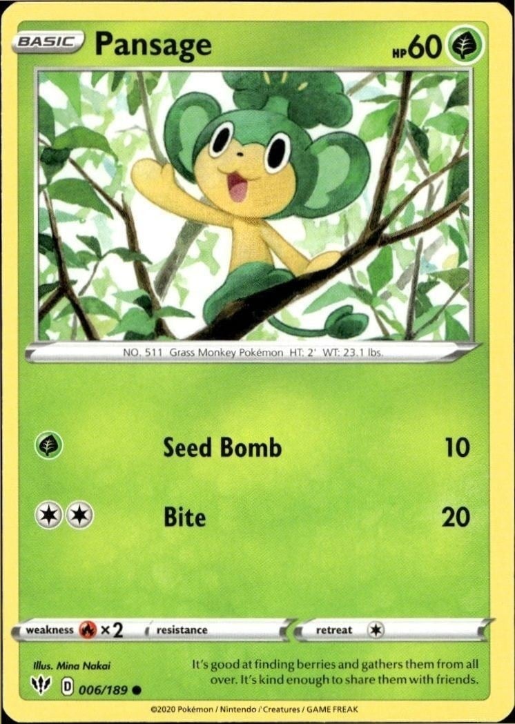 Pansage 2020 Pokémon Darkness Ablaze #6 Pokémon Card - Front 2020 Pokémon Darkness Ablaze Pansage #6 Pokémon card front