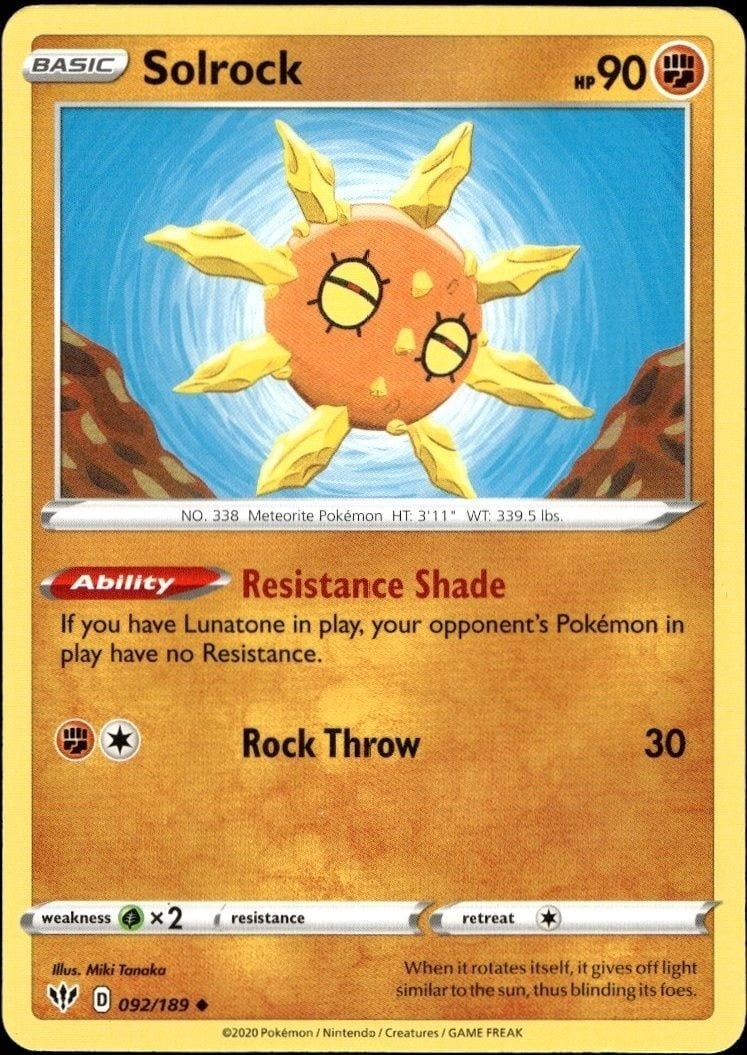 Solrock 2020 Pokémon Darkness Ablaze #092/189 Pokémon Card - Front 2020 Pokémon Darkness Ablaze Solrock #092/189 Pokémon card front