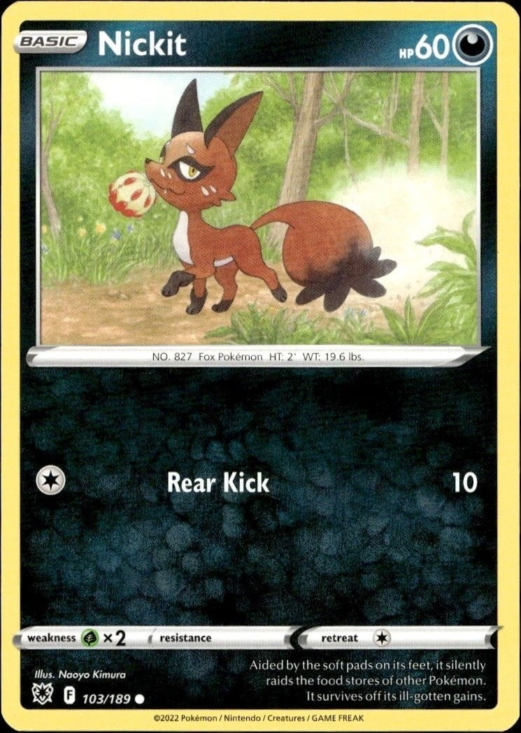 Nickit 2022 Pokémon Astral Radiance #103/189 Pokémon Card - Front 2022 Pokémon Astral Radiance Nickit #103/189 Pokémon card front