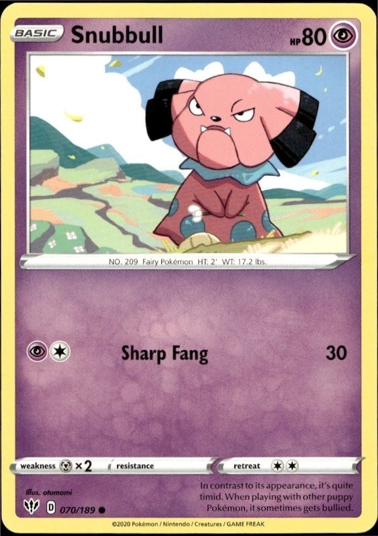Snubbull 2020 Pokémon Darkness Ablaze #070/189 Pokémon Card - Front 2020 Pokémon Darkness Ablaze Snubbull #070/189 Pokémon card front
