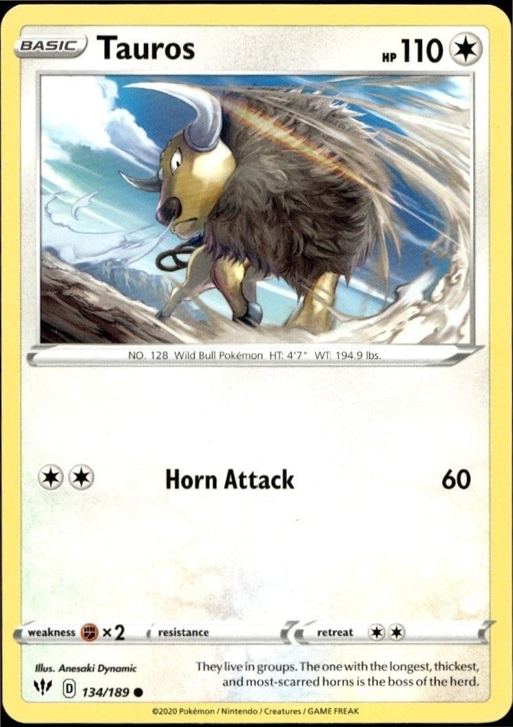 Tauros 2020 Pokémon Darkness Ablaze #134/189 Pokémon Card - Front 2020 Pokémon Darkness Ablaze Tauros #134/189 Pokémon card front