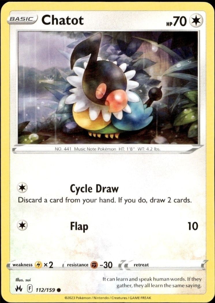 Chatot 2023 Pokémon Crown Zenith #112/159 Pokémon Card - Front 2023 Pokémon Crown Zenith Chatot #112/159 Pokémon card front