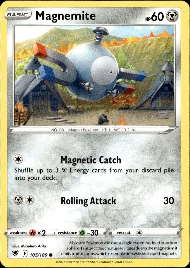 Magnemite 2022 Pokémon Astral Radiance #105/189 Pokémon Card - Front 2022 Pokémon Astral Radiance Magnemite #105/189 Pokémon card front