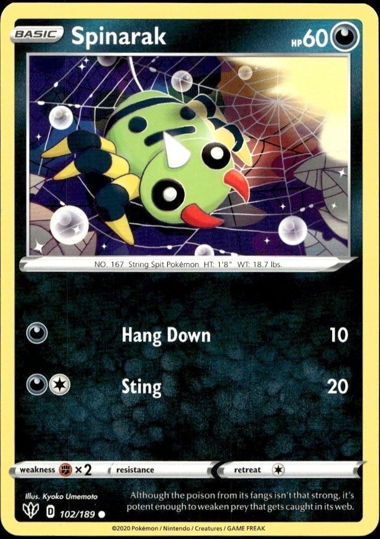Spinarak 2020 Pokémon Darkness Ablaze #102/189 Pokémon Card - Front 2020 Pokémon Darkness Ablaze Spinarak #102/189 Pokémon card front