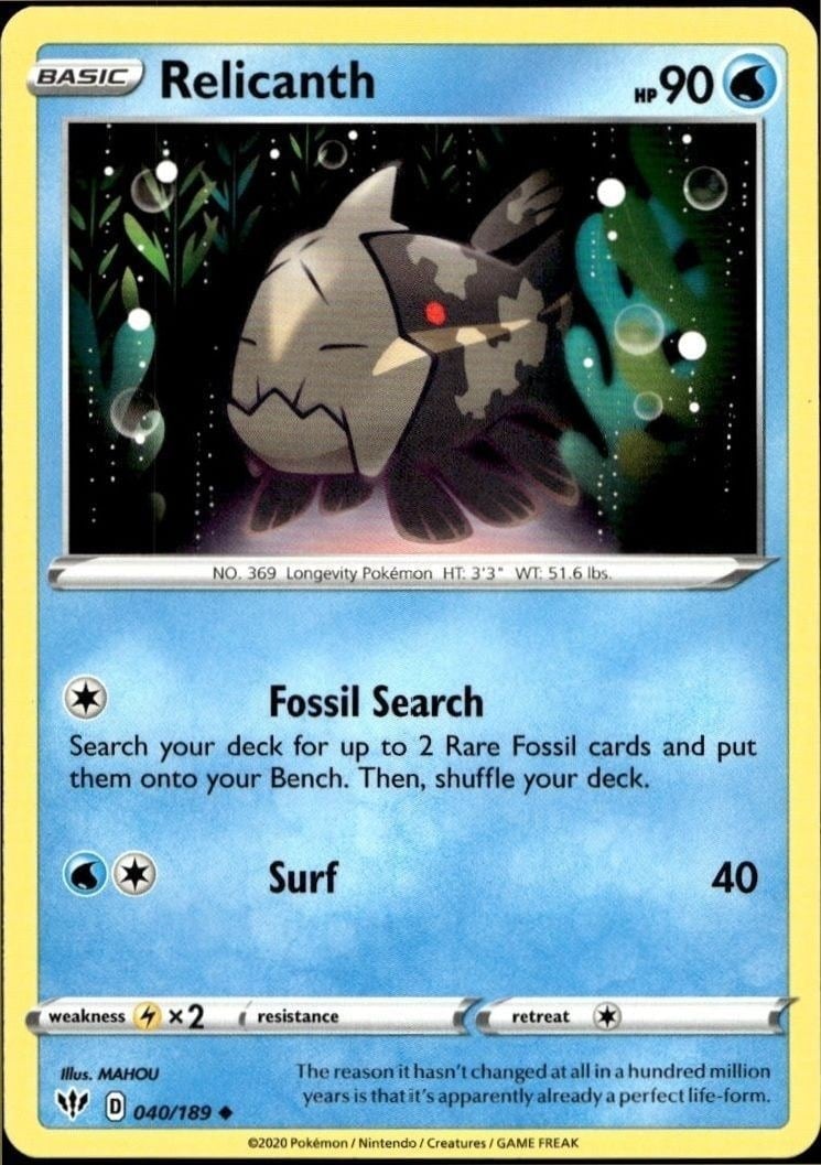 Relicanth 2020 Pokémon Darkness Ablaze #040/189 Pokémon Card - Front 2020 Pokémon Darkness Ablaze Relicanth #040/189 Pokémon card front