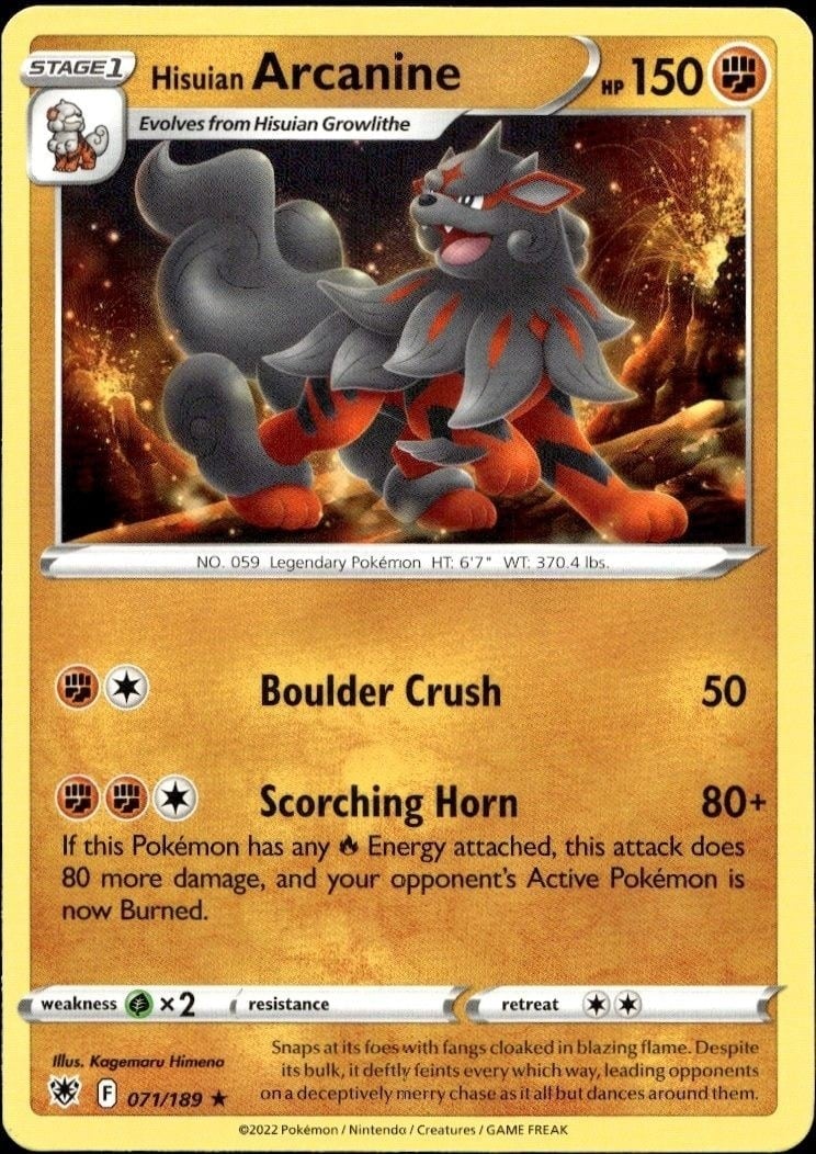 Hisuian Arcanine 2022 Pokémon Astral Radiance #071/189 Pokémon Card - Front 2022 Pokémon Astral Radiance Hisuian Arcanine #071/189 Pokémon card front