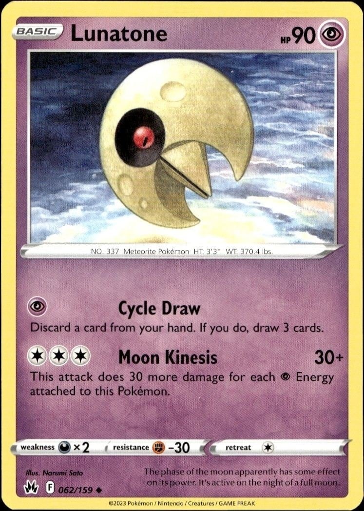Lunatone 2023 Pokémon Crown Zenith #062/159 Pokémon Card - Front 2023 Pokémon Crown Zenith Lunatone #062/159 Pokémon card front