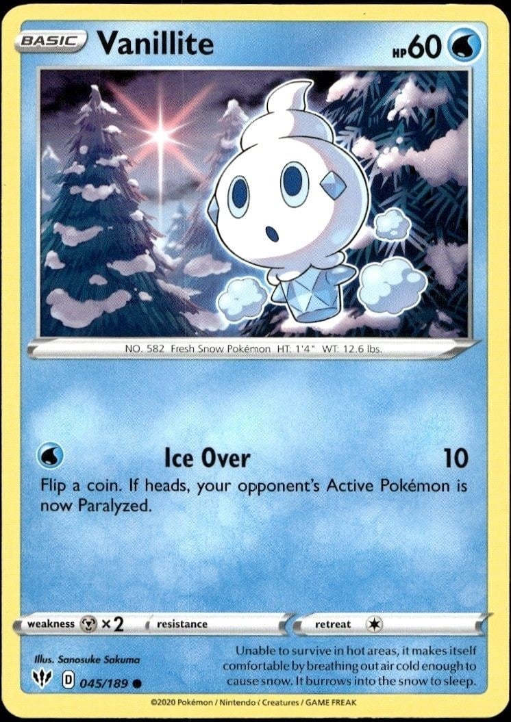 Vanillite 2020 Pokémon Sword & Shield #045/202 Pokémon Card - Front 2020 Pokémon Sword & Shield Vanillite #045/202 Pokémon card front